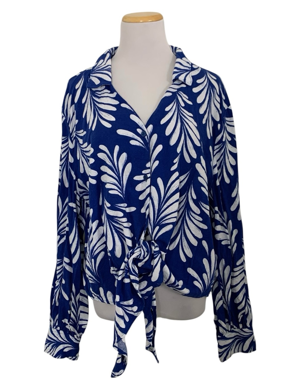 Ellen Tracy Linen Blend Long Sleeve Tie Hem Top Women’s XL Blue White Bold